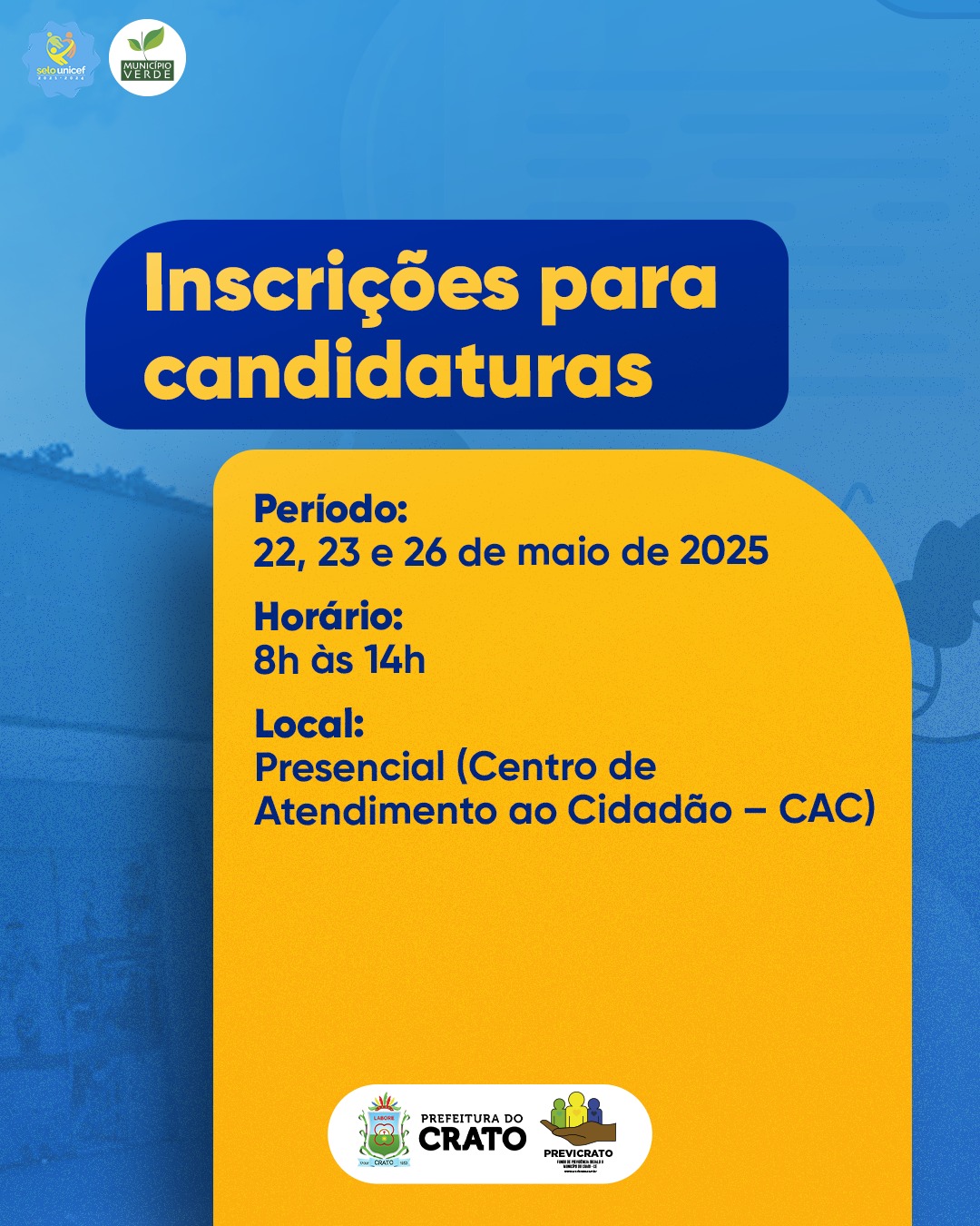 A diretoria do PREVICRATO, informa que o prazo para inscrições para eleições do Conselho Administrativo e Fiscal do PREVICRATO foram prorrogadas, sendo possível se inscrever nos dias22, 23 e 26 de maio de 2025 (08h às 14h).